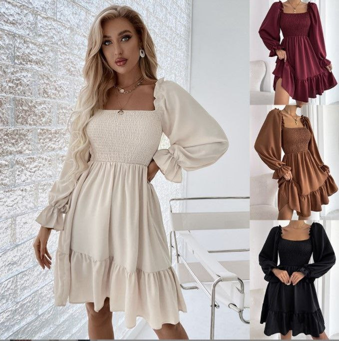 robe de couleur unie 2023 printemps style minimaliste européen et américain col carré taille haute manches longues robe taille mince pour les femmes