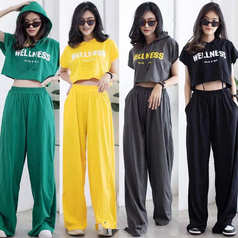 capuche costume femme lâche mode haut court + pantalon large