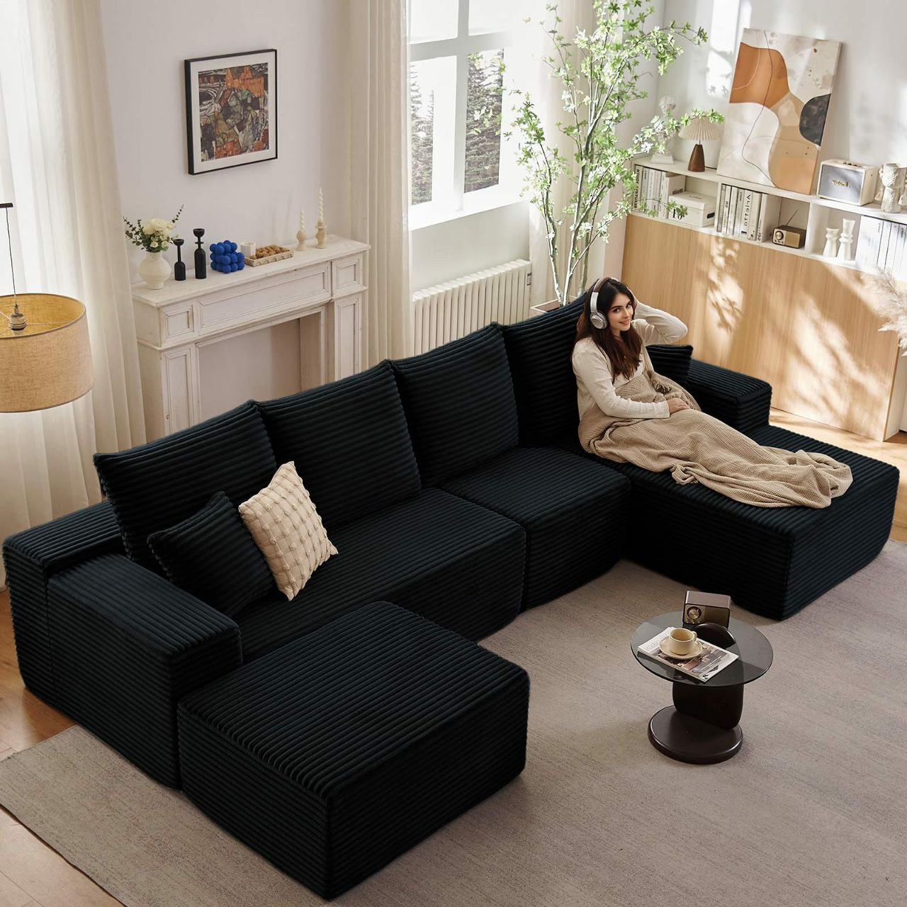 Canapé panoramique Droit Convertible  Côtelée en velours